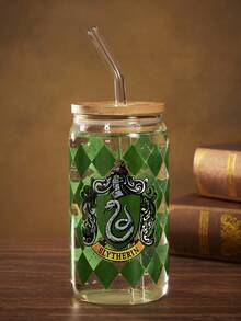HARRY POTTER X SHEIN Plaid House Design Glass Straw Cup (Straw Cleaning Included), For Cold Or Hot Drinks, Coffee, Milk, Juice Cup,Back To School - Clear - View 5