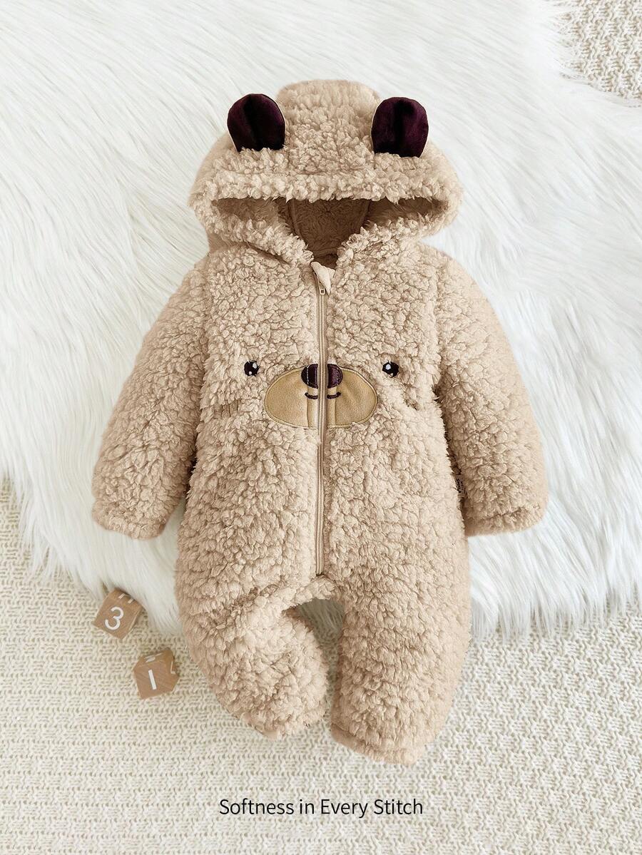 Cozy Pixies 新生男宝宝熊图案3D耳朵连帽加厚长袖连体衣 - 杏色 - 查看 1