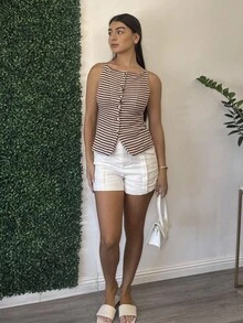 Andrea Bello 女士正面纽扣无袖条纹简约休闲衬衫，日常穿着