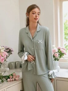 Snug Reverie 女士针织提花拼接撞色蝴蝶结装饰翻领上衣和裤子睡衣套装 鼠尾草绿睡衣套装 秋冬服装 - 綠色 - 查看 4