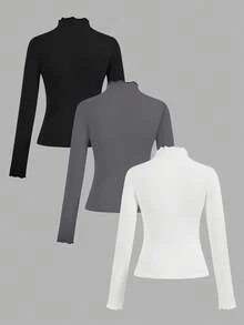 SHEIN EZwear 3 件女式高领荷叶边下摆紧身休闲长袖长款基本款 T 恤套装，95% 纯棉，适合秋冬分层穿着 - 彩色 - 查看 2