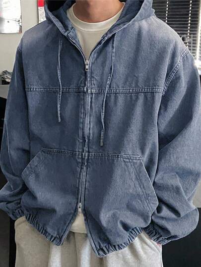 DAZY 男士纯色水洗连帽设计黑色牛仔夹克，秋季