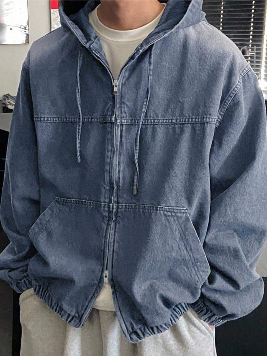 DAZY 男士纯色水洗连帽设计黑色牛仔夹克，秋季 - 淺色水洗藍 - 查看 1