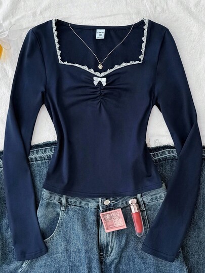Camiseta casual de manga larga con busto fruncido y ribete de encaje, de punto azul para adolescentes