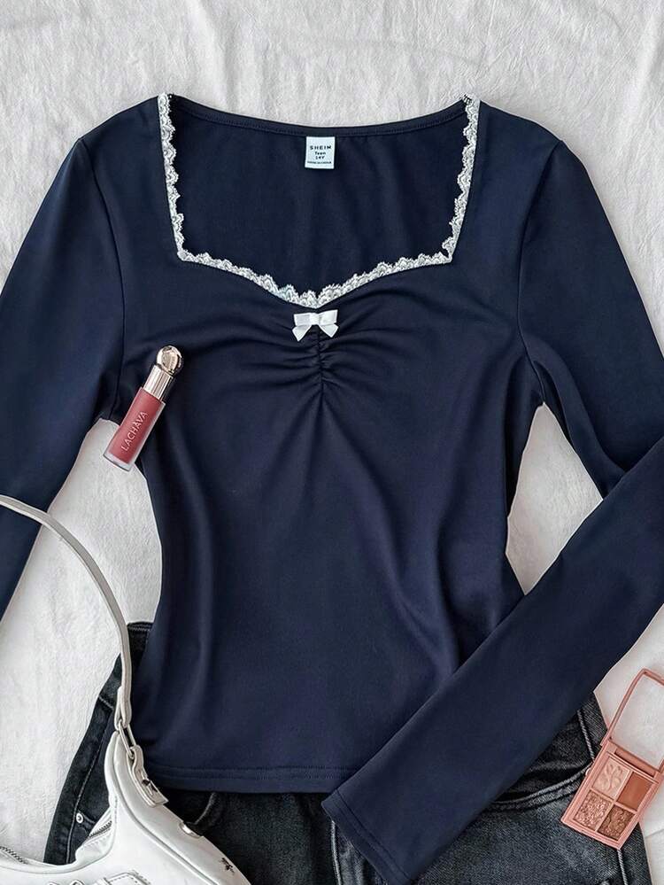 Camiseta casual de manga larga con busto fruncido y ribete de encaje, de punto azul para adolescentes - azul real - Añade 3