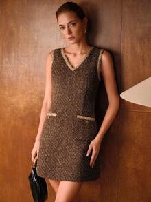 MOTF PREMIUM 优雅粗花呢无袖V领短款连衣裙 - 咖啡 - 查看 6