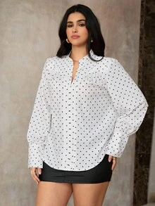 Roveilla 大码女式缺口领波尔卡圆点印花垫肩长袖衬衫波尔卡圆点衬衫长袖衬衫办公室衬衫商务休闲衬衫女式衬衫 - 黑與白 - 查看 7