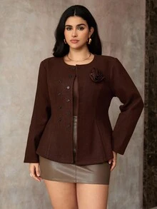 Roveilla Plus Size Women's Double-Breasted Floral Woolen Jacket, Elegant Regular Fit Coat For Winter Blazer Dress Plus Size Plus Size Jacket Earthy Plus Size Plus Size Western Clothing - Brown - View 10