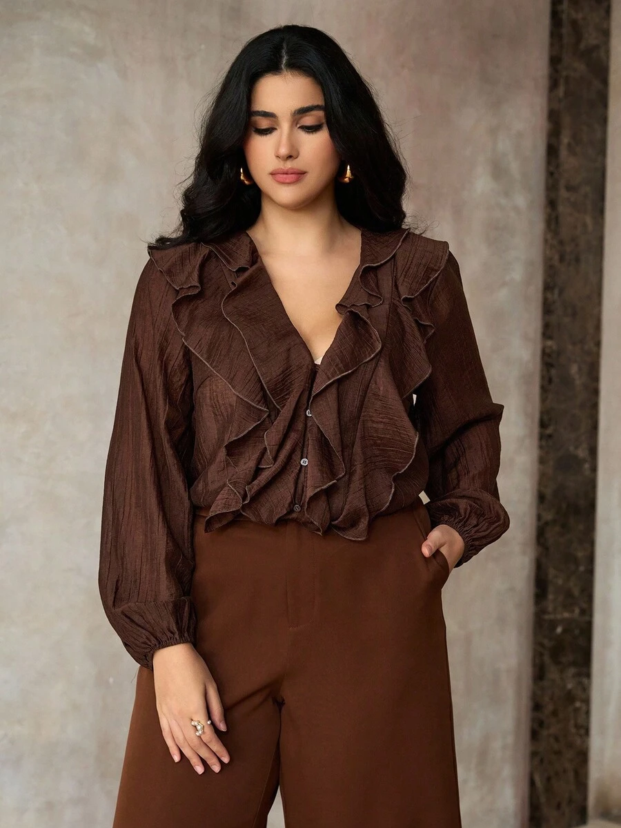 Roveilla Plus Size Women's French Romantic Sicily Elegant Casual Commute Vacation Afternoon Tea Party Solid Color V-Neck Double Ruffle Trim Open Front Long Sleeve Blouse Brown Blouses Coffee Brown Top Ruffle Blouse Chocolate Brown Top Brown Shirts For Women