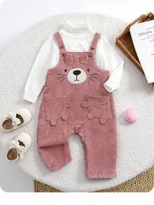 SHEIN Conjunto de ropa de bebé recién nacida niña, pantalones peto con estampado de dibujos animados de pana versátil y linda, mono, para otoño/invierno - Rosa - Ver 5