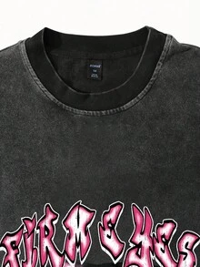 PAVTROS 朋克视觉之眼长袖T恤 - 水洗黑色涂鸦风格，粉色火焰袖子印花，哥特式Y2K美学，另类街头单品，男士字母和眼睛图案印花休闲宽松长袖T恤，秋季款 - 黑色 - 查看 5