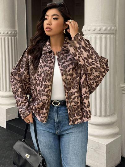 Easura Plus-size luipaardprint damesjack met rits, herfst/winter