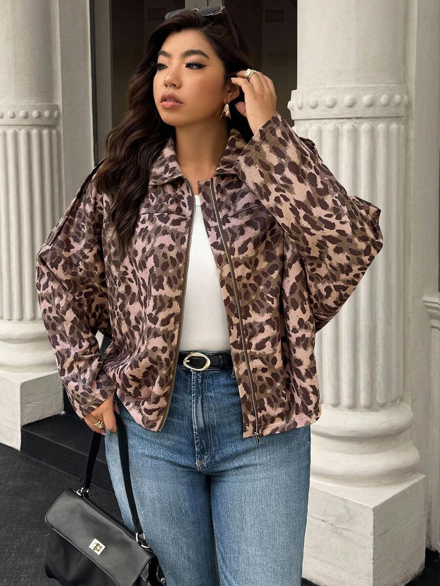 Easura Chaqueta con cremallera de ante con estampado de leopardo para mujer de talla grande, otoño/invierno - Multicolor - Ver 1