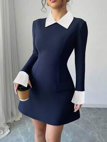 Elenzga 女式撞色衬衫领长袖仿口袋简约短款优雅连衣裙 - 藏蓝色 - 查看 4