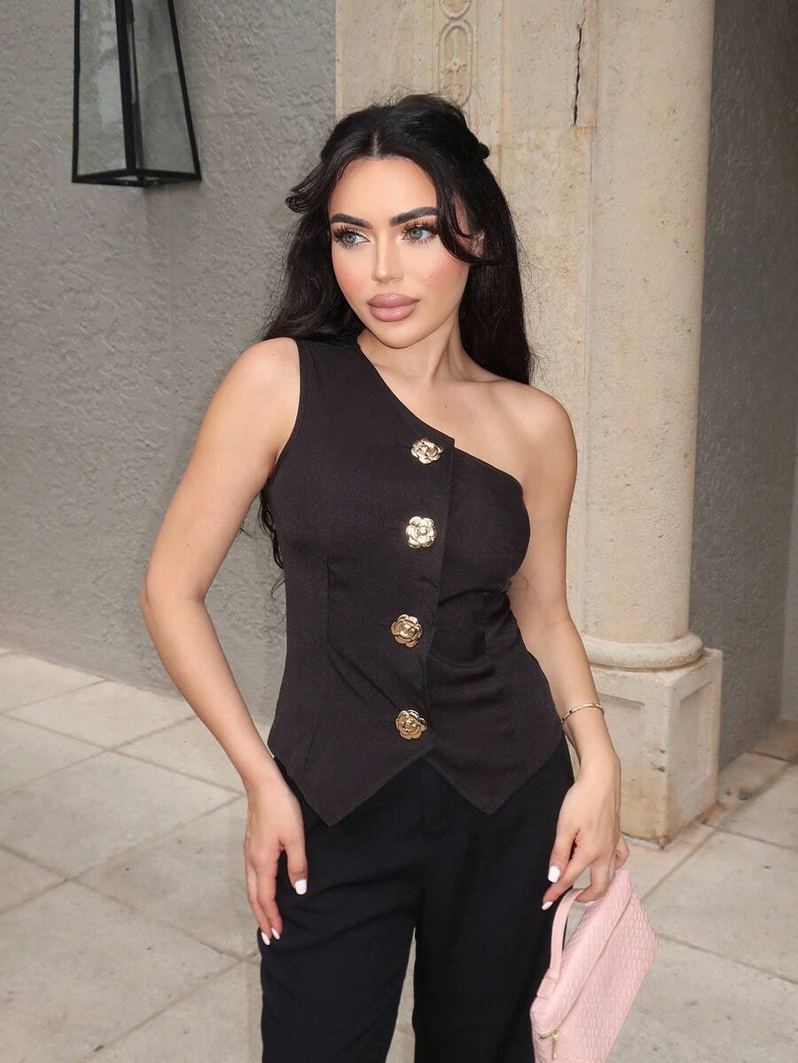 Durrani Popal Fashionable & Versatile S-Shape Neck Metal Buckle Decor Sexy One-Shoulder Black Blouse, Women, Spring/Summer - Black - View 1