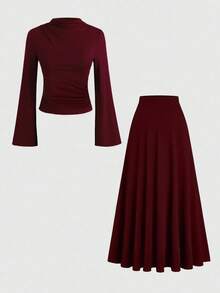 SHEIN Clasi Set de 2 piese pentru primăvară/vară, la modă, casual, cu talie strânsă, top subțire și fustă cu tiv evazat și talie elastică, mărime mare - Burgundia - Vizualizare 1