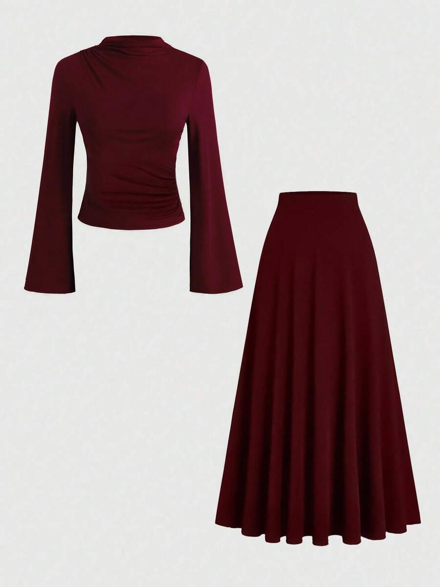 SHEIN Clasi Set de 2 piese pentru primăvară/vară, la modă, casual, cu talie strânsă, top subțire și fustă cu tiv evazat și talie elastică, mărime mare - Burgundia - Vizualizare 1