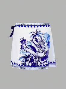 Swim Oasis Women's Tropical Floral & Bird Print Casual One-Piece Swimsuit With Skirt, Halter Neck, Suitable For Vacation And Beach - Blue and White - View 11