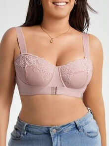 SHEIN 1 件大码蕾丝拼布钢圈文胸，提升型 - 杏色 - 查看 3