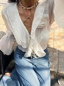 SHEIN Frenchy Women's Solid Color Ruffle Patchwork Floral Decor Fashion Blouse