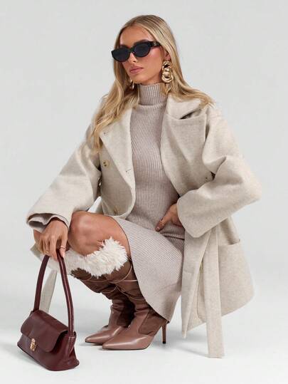 Avantive 一款休闲优雅的杏色粗花呢风衣，适合秋冬季日常通勤、圣诞节、新年、感恩节、教堂礼拜等场合，也适合女性穿着。米色系女式外套，适合冬季穿着，百搭中性色系。