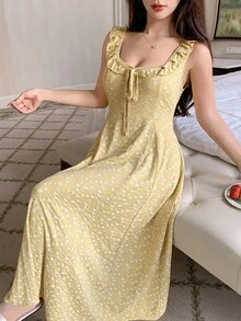 DAZY 碎花荷叶边领腰部收紧无袖女式睡袍睡衣 - 黃色 - 查看 3
