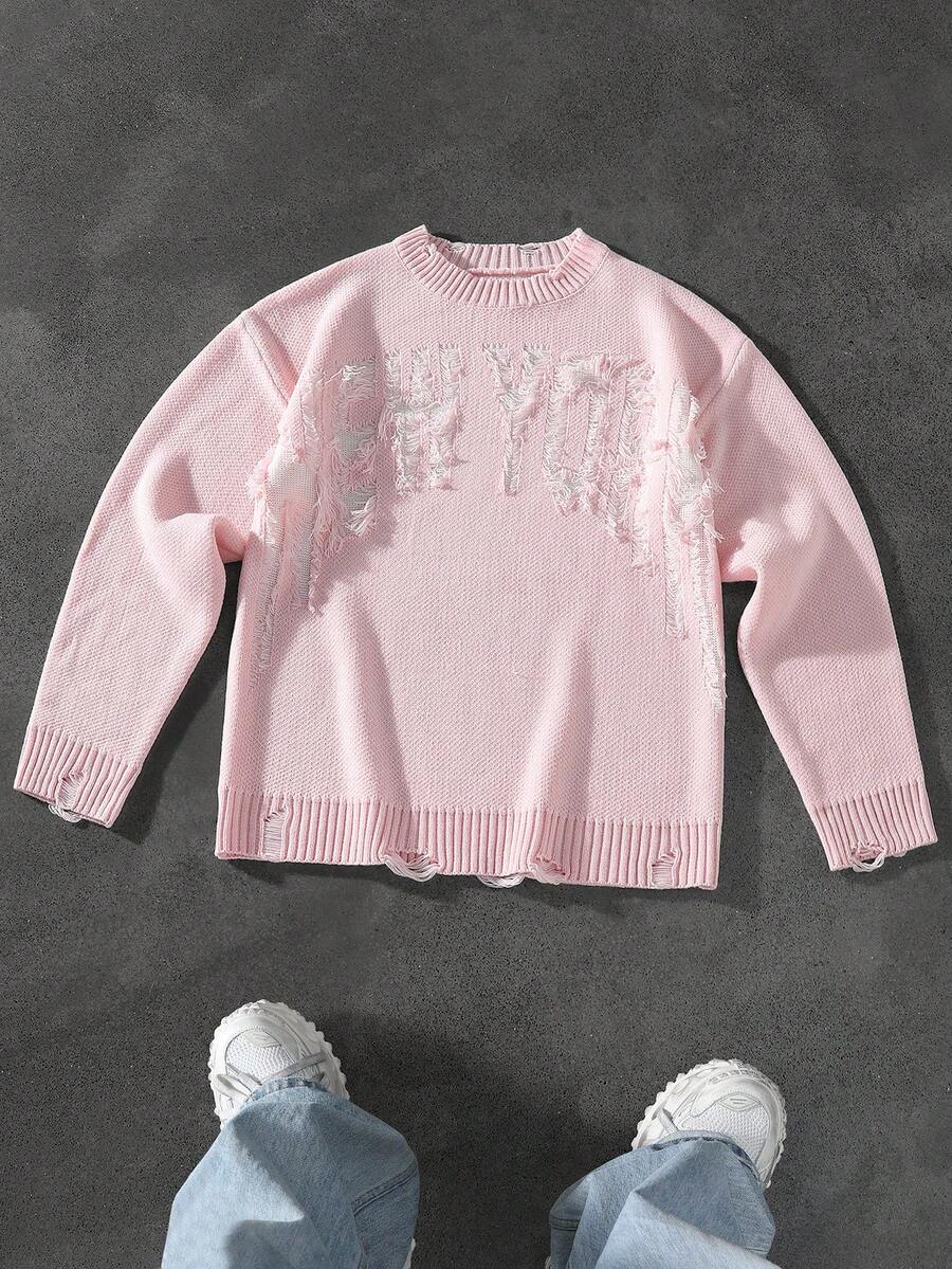 Manfinity EMRG Men's Letter Distressed Crew Neck Long Sleeve Casual Sweater, Autumn/Winter