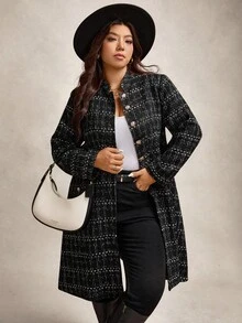 Zelara Plus Size Women Elegant Commuter Thick Tweed Long Blazer In Fall/Winter - Black - View 8