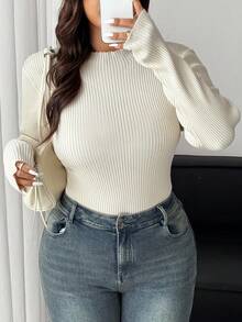 Dazy Plus Suéter de cuello alto elástico acanalado de unicolor, informal, para mujer de talla grande, otoño/invierno - Beis - Ver 1