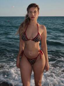 Turnttoni Springbreak 女士沙滩装豹纹细肩带短款上衣和高腰比基尼泳裤两件套性感泳装 - 彩色 - 查看 4