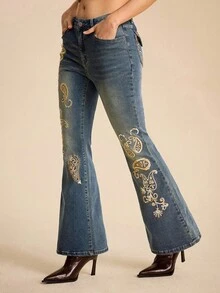 ROMWE EDITION 女士复古嬉皮佩斯利亮片刺绣修身喇叭低腰牛仔裤 - 寶藍色 - 查看 6