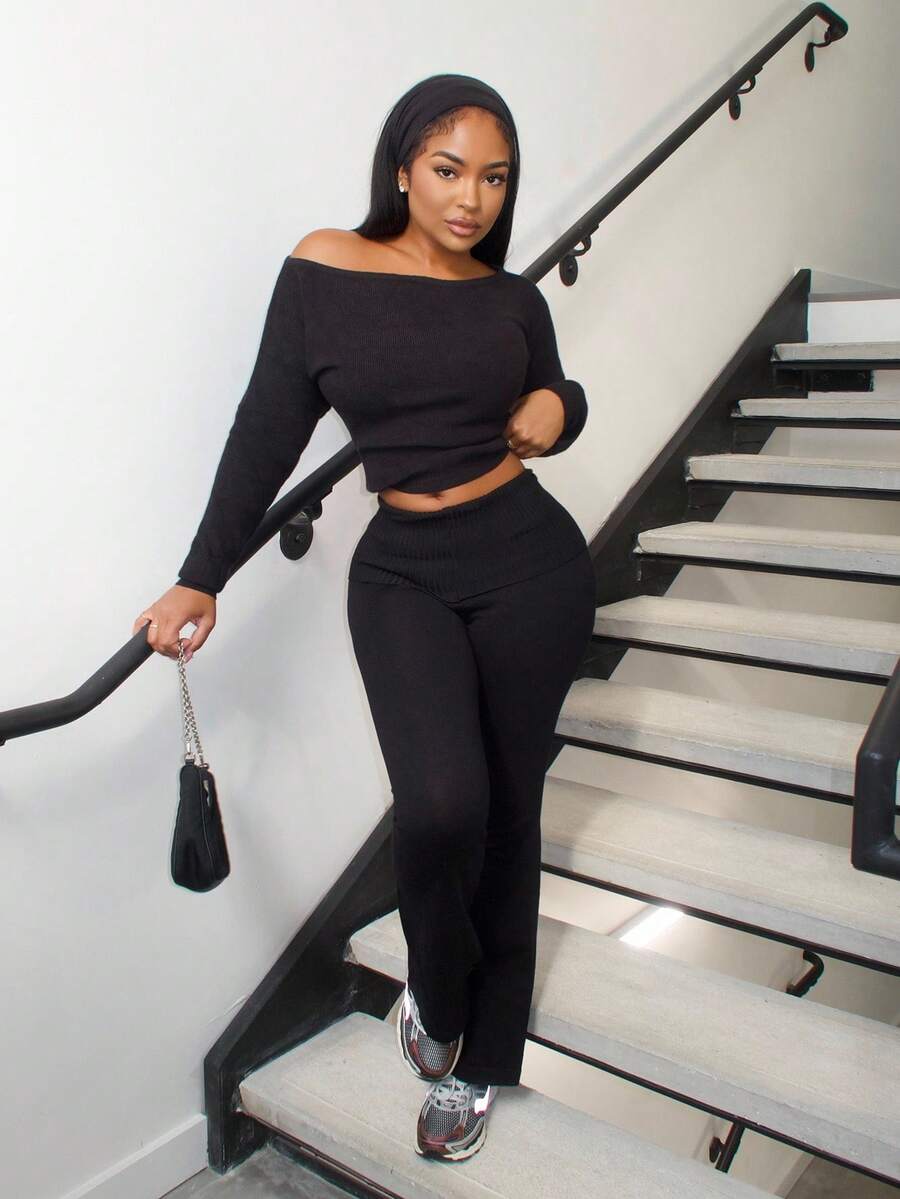 Alexandranx Black Tight Waist-Cinching Flared Maxi Pants & Sweater Set For Young Women, Suitable For Commuting, Home, And Outings, Fall And Winter, Casual, Black - Black - View 1