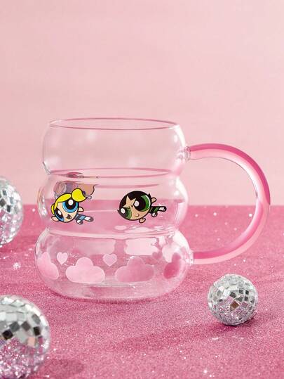 THE POWERPUFF GIRLS X SHEIN 1 件 770ml/27oz 花朵、气泡、毛茛图案高硼硅玻璃杯，容量大，可用洗碗机清洗，适用于牛奶、果汁、咖啡