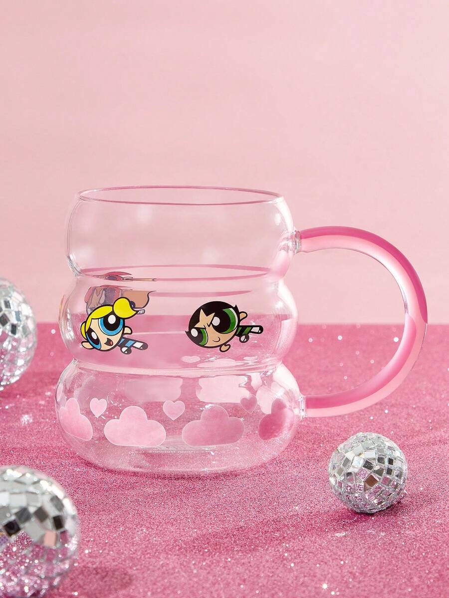 THE POWERPUFF GIRLS X SHEIN 1 cốc thủy tinh borosilicate cao cấp 770ml/27oz hình hoa, bong bóng, họa tiết hoa mao lương, dung tích lớn, có thể rửa bằng máy rửa chén, thích hợp đựng sữa, nước ép, cà phê - Trong sáng - Xem 1