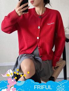 FRIFUL SHEIN X Care Bears 女式圆领字母刺绣纽扣开衫 - 紅色 - 查看 6