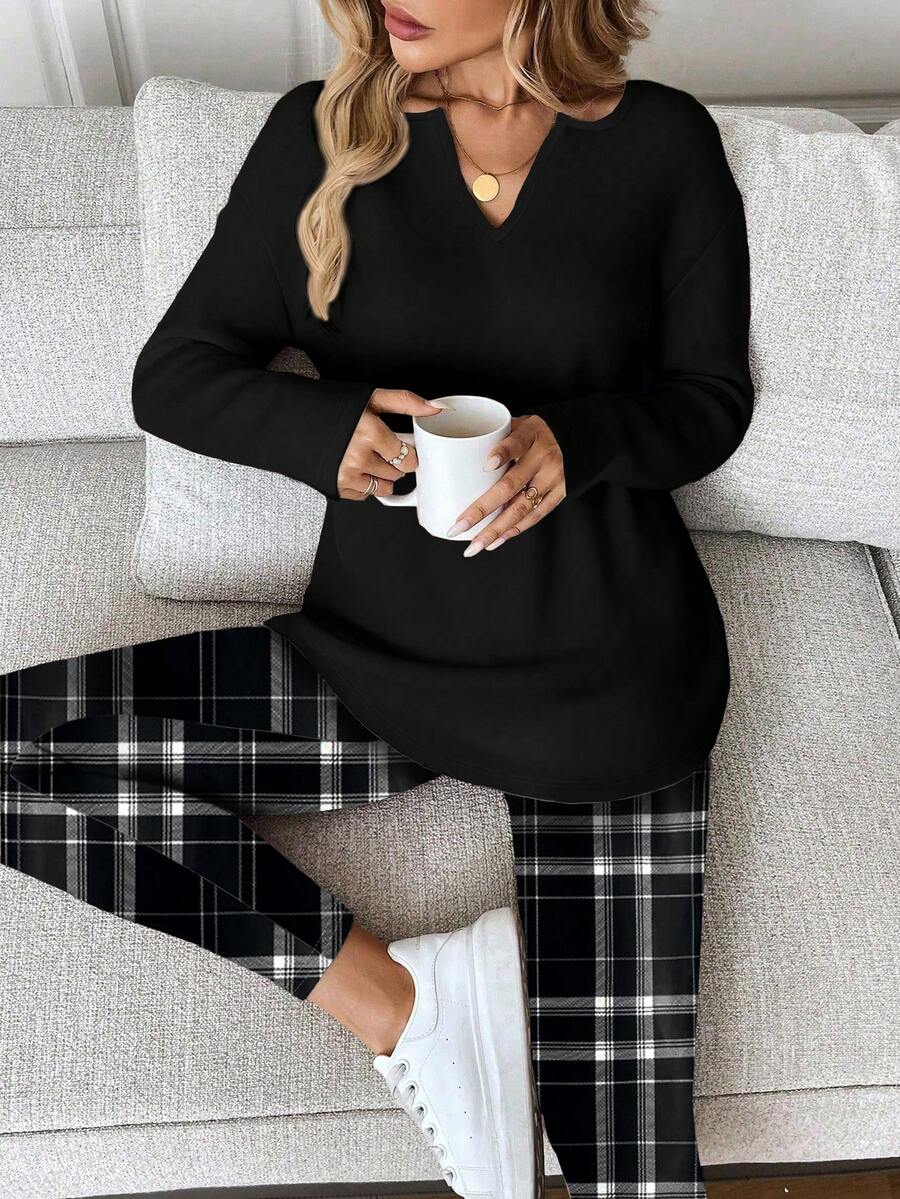 EMERY ROSE Casual Plus Size Solid Notched Neck Long Sleeve Top And Plaid Print Pants 2 Pieces Set Work From Home Outfit Comfortable Outfits For Women Fall Winter Outfit - Multicolor - View 1