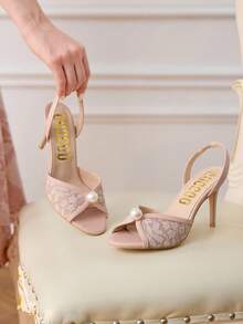 CUCCOO HITCHD 粉色尖头细高跟鞋蕾丝珍珠优雅婚礼派对女士高跟凉鞋 - 粉色 - 查看 6