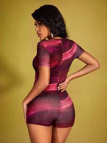 SHEIN EZwear 女士扎染前拉链短袖连身裤 - 玫瑰紅 - 查看 2