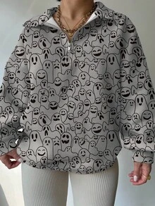 EMERY ROSE Plus Size Women Ghost Print Long Sleeve Casual Zip-Up Loose Sweatshirt, Autumn