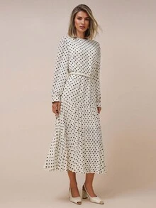 COSMINA Women's Elegant Polka Dot Cinched Waist Pleated Waist Long Dress, Suitable For Commuting And Gatherings In Early Autumn - Apricot - View 3