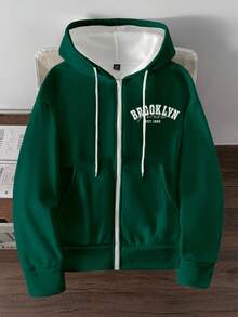 Manfinity Joysei 男士秋季字母印花拉链抽绳连帽运动衫 - 綠色 - 查看 4