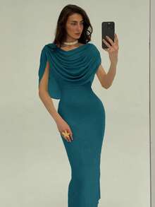 Aloruh Women's Solid Color Pleated Fitted Elegant Long Dress - Teal Blue - View 6