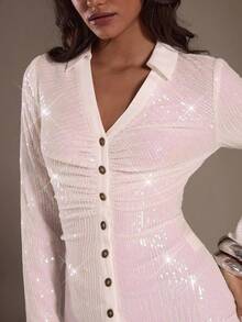 Glamine Women's Sequin Embellished Collar Long Sleeve Fitted Party Blouse, Suitable For Back To School Season In Autumn - White - View 5
