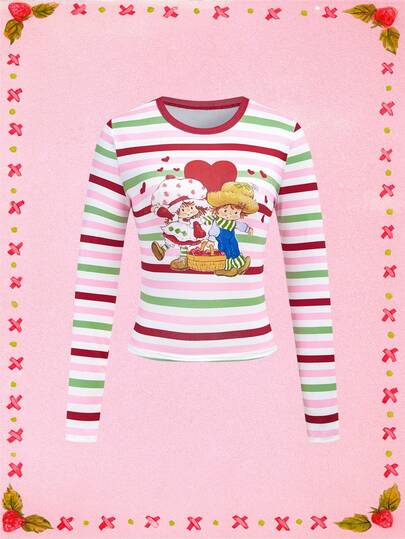 Strawberry Shortcake X SHEIN Höst- och vintertight långärmad rundhalsad t-shirt, rosa grön vit randigt mönster jordgubbsmönster bär bästa vänner söt och gullig t-shirt