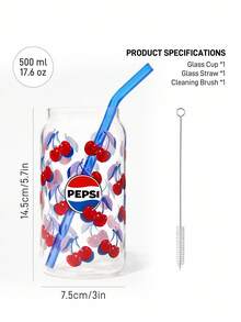 PEPSI X SHEIN 1 件 500ml/17.6oz 樱桃杯带吸管清洁刷（无盖），耐热耐寒，适用于牛奶、果汁等