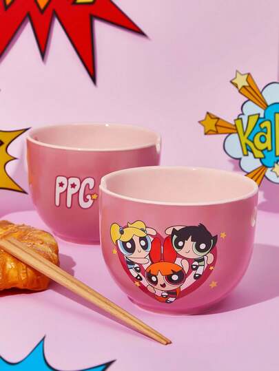 THE POWERPUFF GIRLS X SHEIN Bol de 620ml con diseño de las Chicas Superpoderosas con forma de corazón, ideal para fideos instantáneos o cereales, incluye palillos