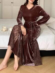 DAZY ثوب نوم طويل للنساء من المخمل والدانتيل، أنيق للخريف/الشتاء - قهوة بني - مشاهدة 6