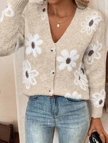 EMERY ROSE Women's Casual Floral Pattern Cardigan, Autumn/Winter - Apricot - View 1