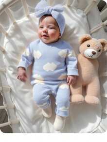 SHEIN 新生儿蓝白色百搭休闲可爱趣味韩版舒适柔软开裆连体衣，蓝天白云印花，适合室内外，秋冬季 - 藍白色 - 查看 2