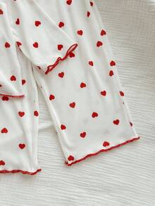 Baby Girl Cute Casual Versatile Knit Polka Dot & Heart Pattern Long Sleeve Pajama Set - White - View 7